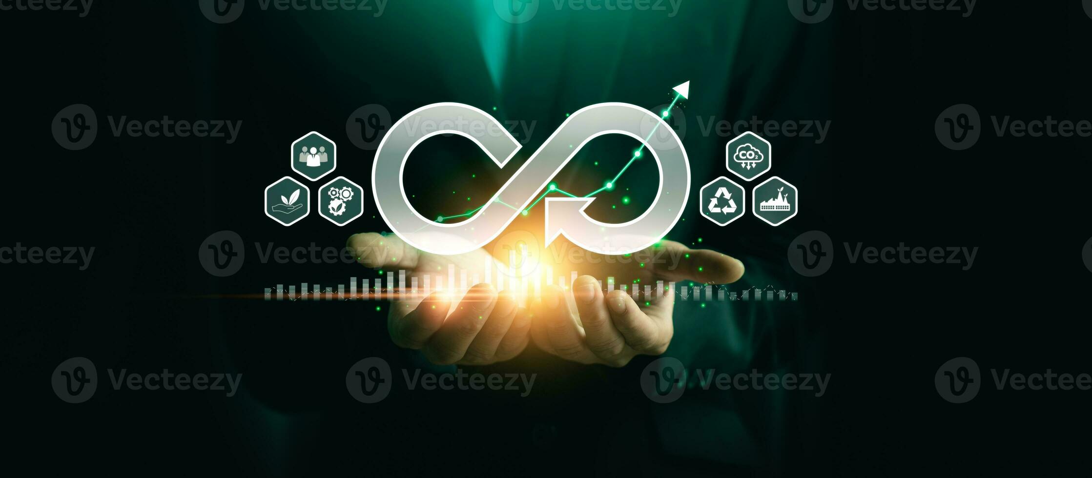 Businessman hold circular economy icon. economic system that aims to minimize waste and maximize resource efficiency, sustainable strategies to eliminate waste and pollution for future business growth photo