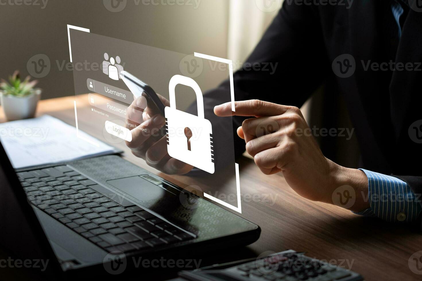 cybersecurity concept Businessmen protecting personal data on laptops and virtual interfaces. Lock icon and internet network security technology. Username and password photo