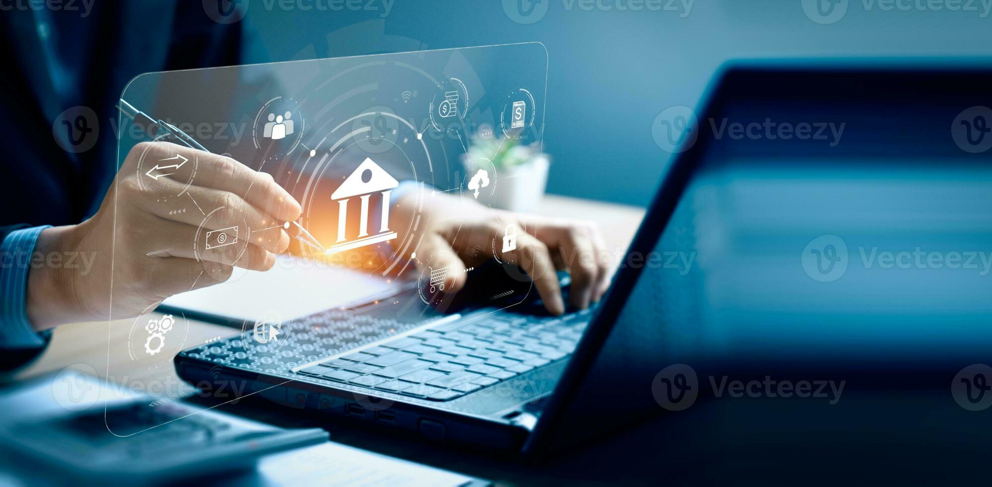 Businessman using online banking and payments, digital marketing. Financial and banking networking. Customer network connection and online shopping icons cyber security, business technology photo