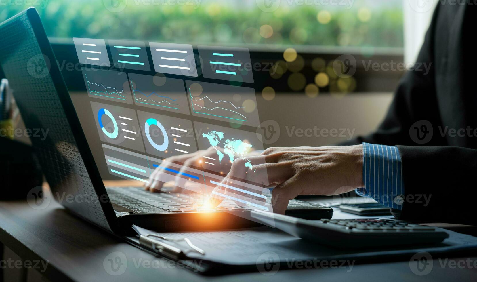 Businessman analyzing business enterprise data management, Business analytics with charts, metrics and KPIs to performance organization. Corporate strategy for finance, operations, sales, marketing photo