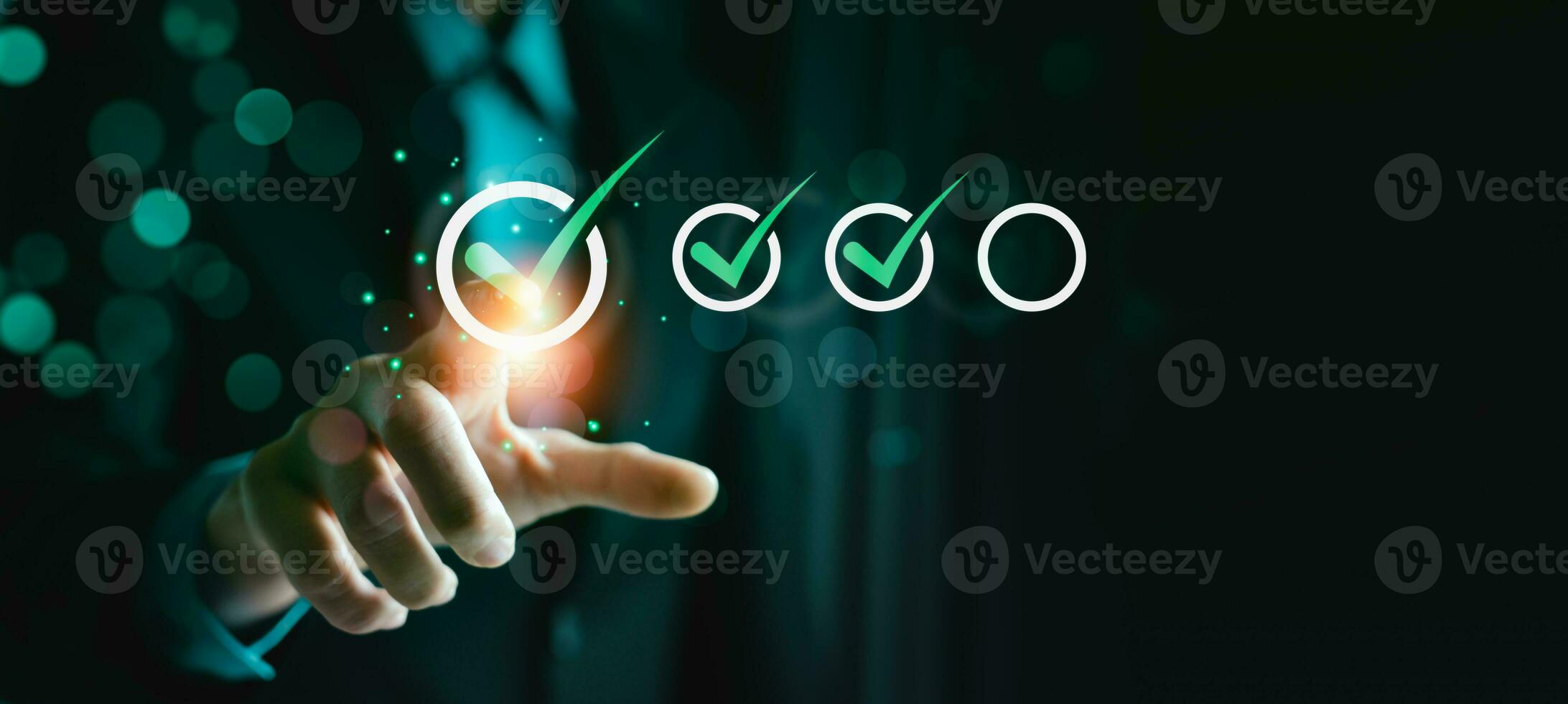 Business performance checklist, businessman using laptop doing online checklist survey, Check marks on checklist and Filling online form or answering questions. evaluation, online survey, online exam. photo