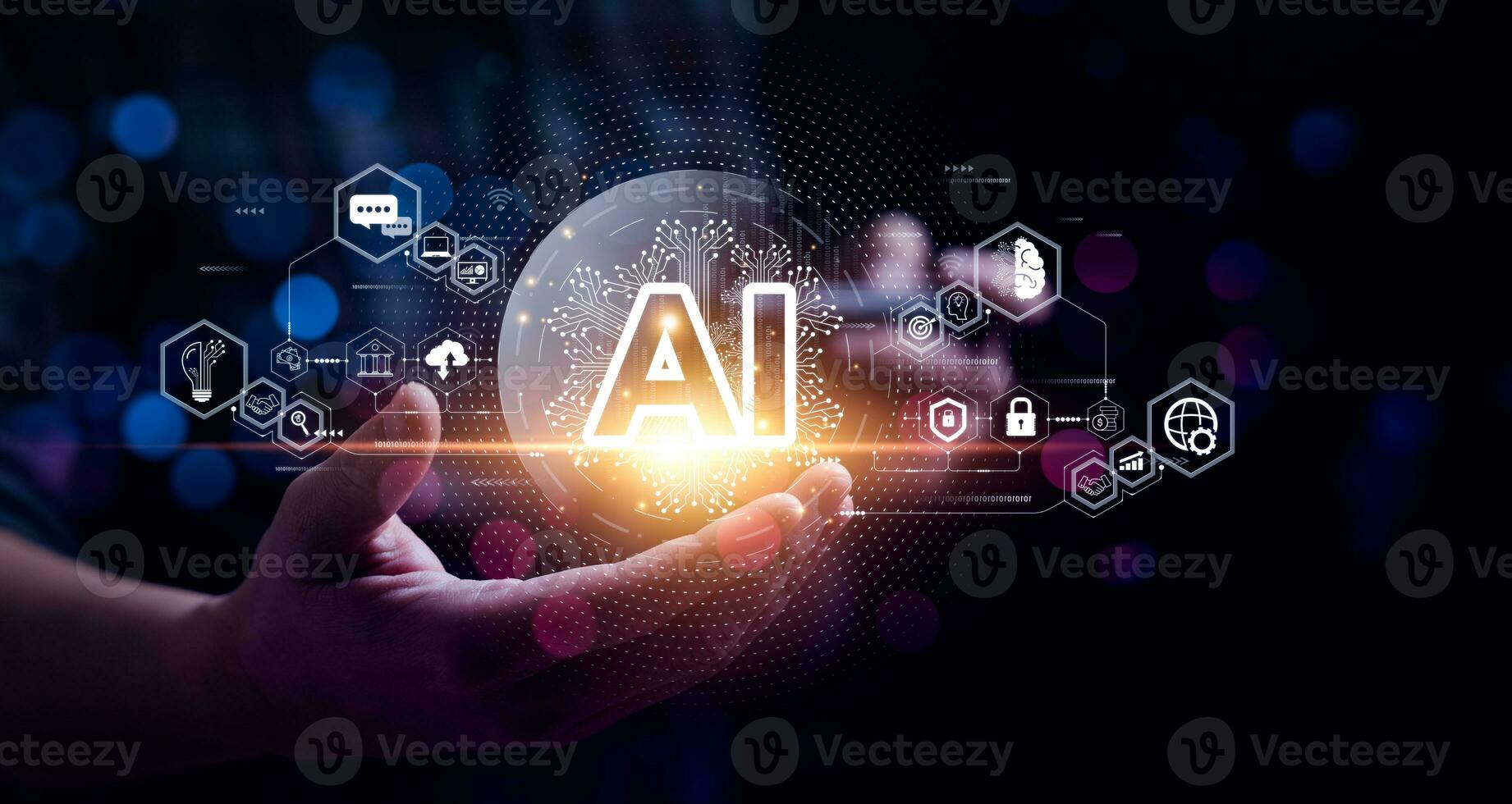 Businessman touching the brain working of Artificial Intelligence AI Automation, Predictive analytics, Customer service AI-powered chatbot, analyze customer data, business and technology photo