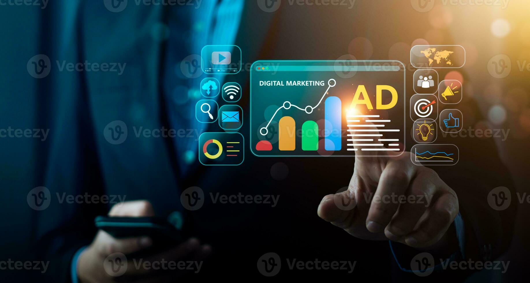 Digital marketing commerce online sale concept, Promotion of products or services through digital channels search engine, social media, email, website, Digital Marketing Strategies and Goals. SEO PPC photo