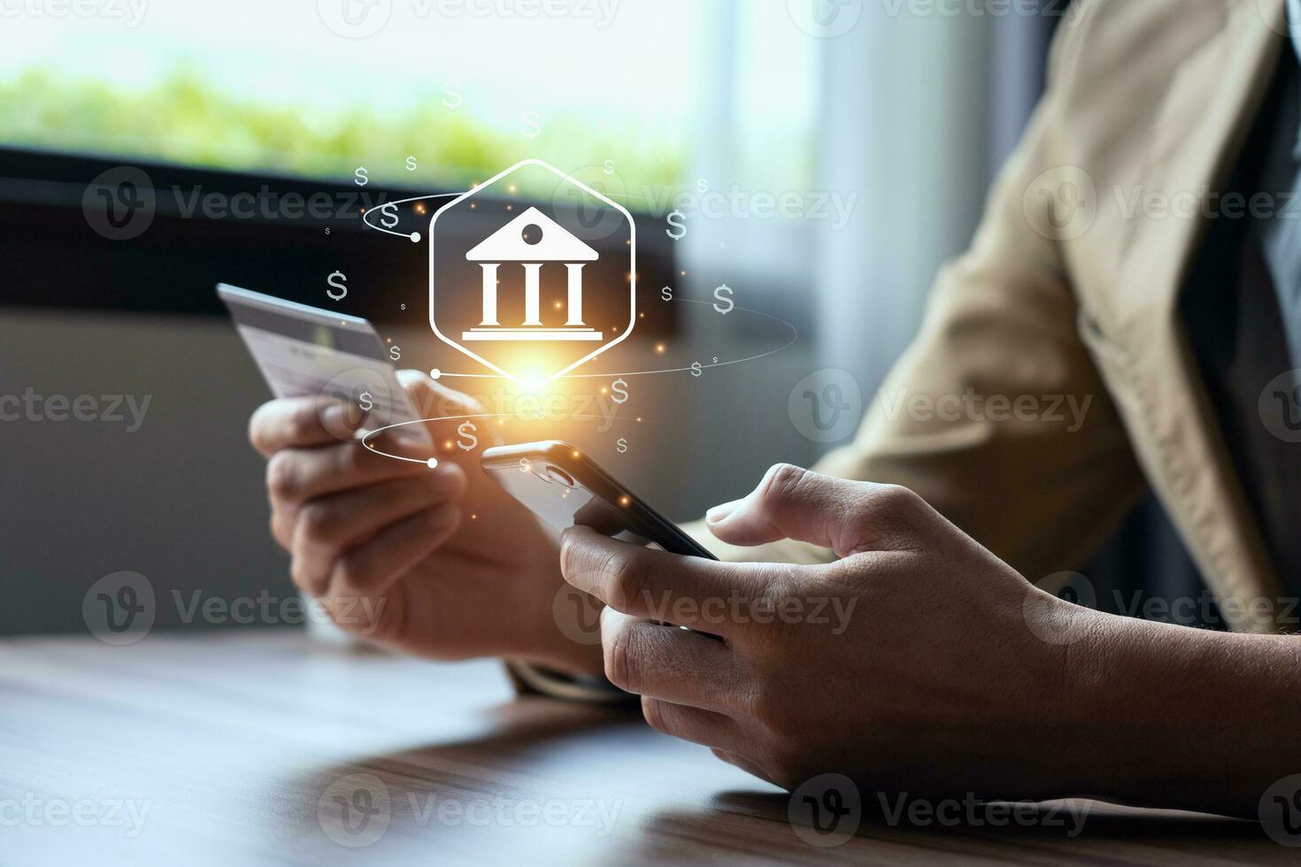 Businessman using mobile online banking and payments, digital marketing. Financial and banking networking. Customer network connection and online shopping icons cyber security, business technology photo