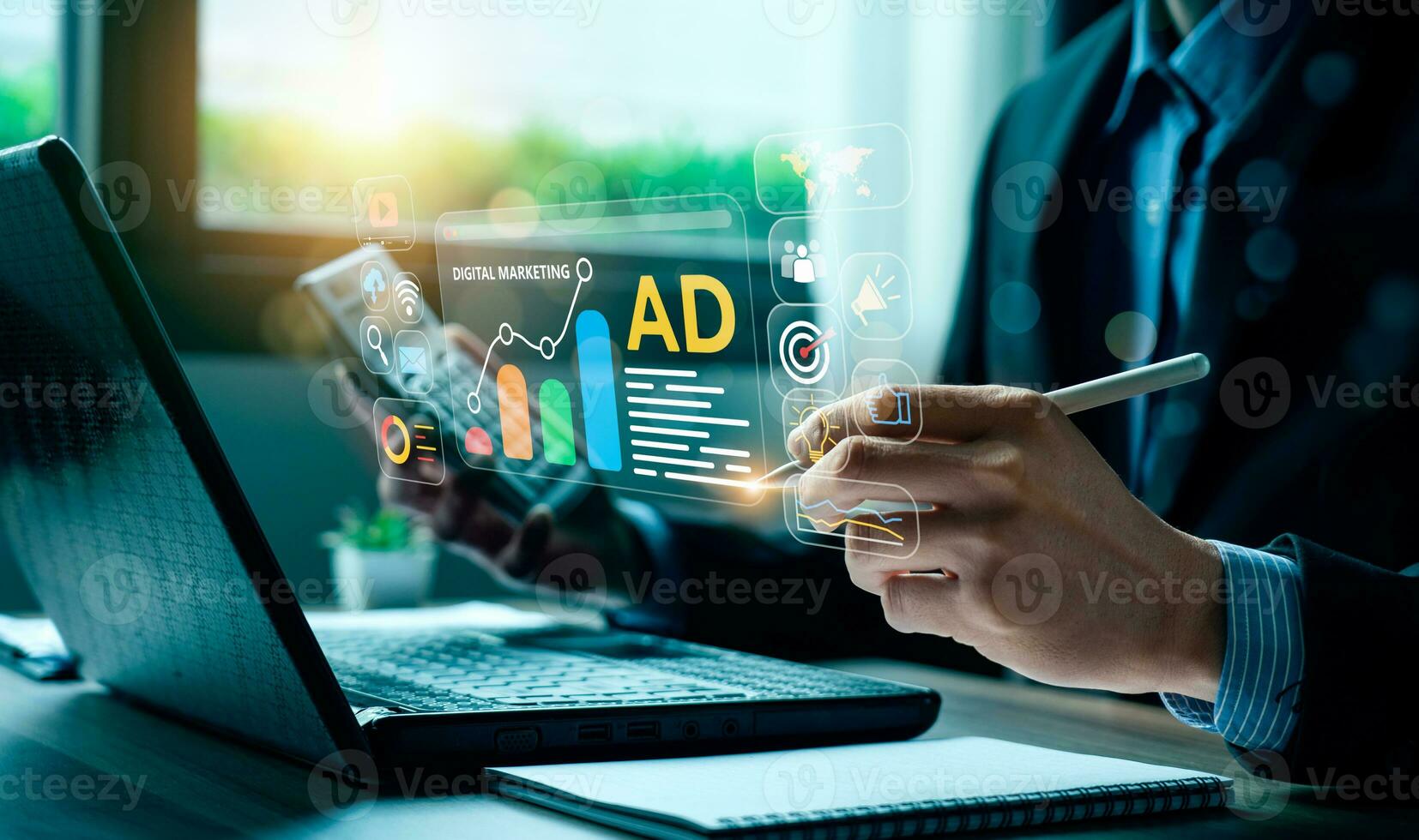Digital marketing commerce online sale concept, Promotion of products or services through digital channels search engine, social media, email, website, Digital Marketing Strategies and Goals. SEO PPC photo
