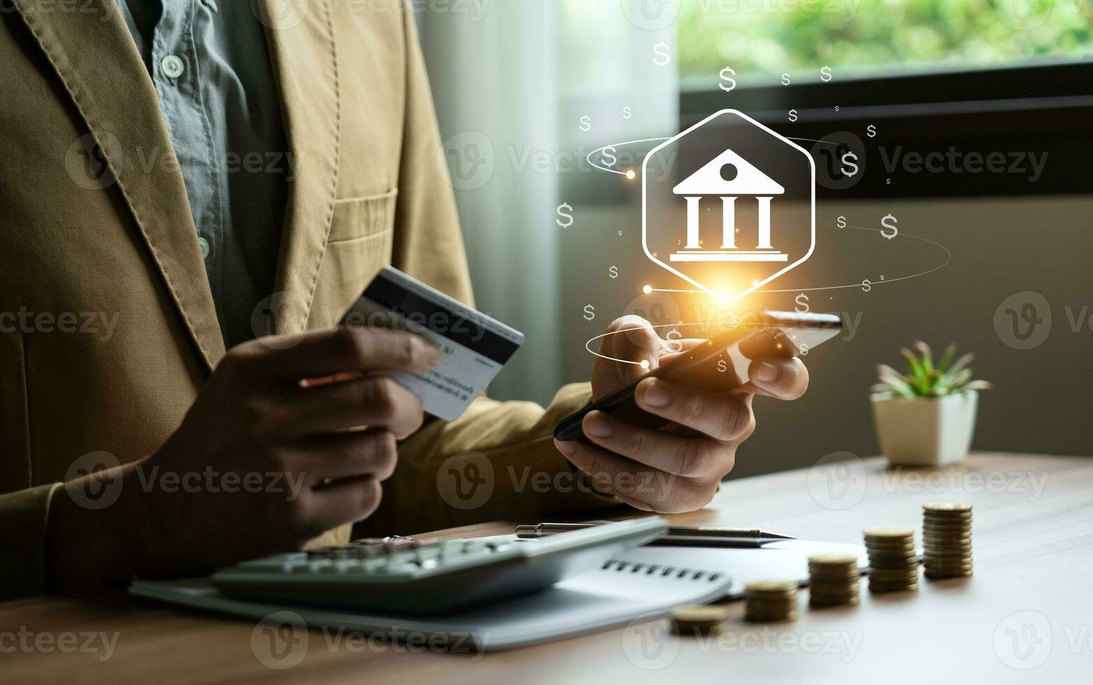 Businessman using mobile online banking and payments, digital marketing. Financial and banking networking. Customer network connection and online shopping icons cyber security, business technology photo