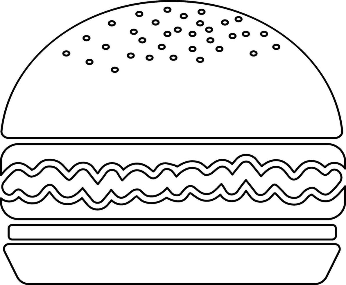 Flat style burger in black line art illustration. vector
