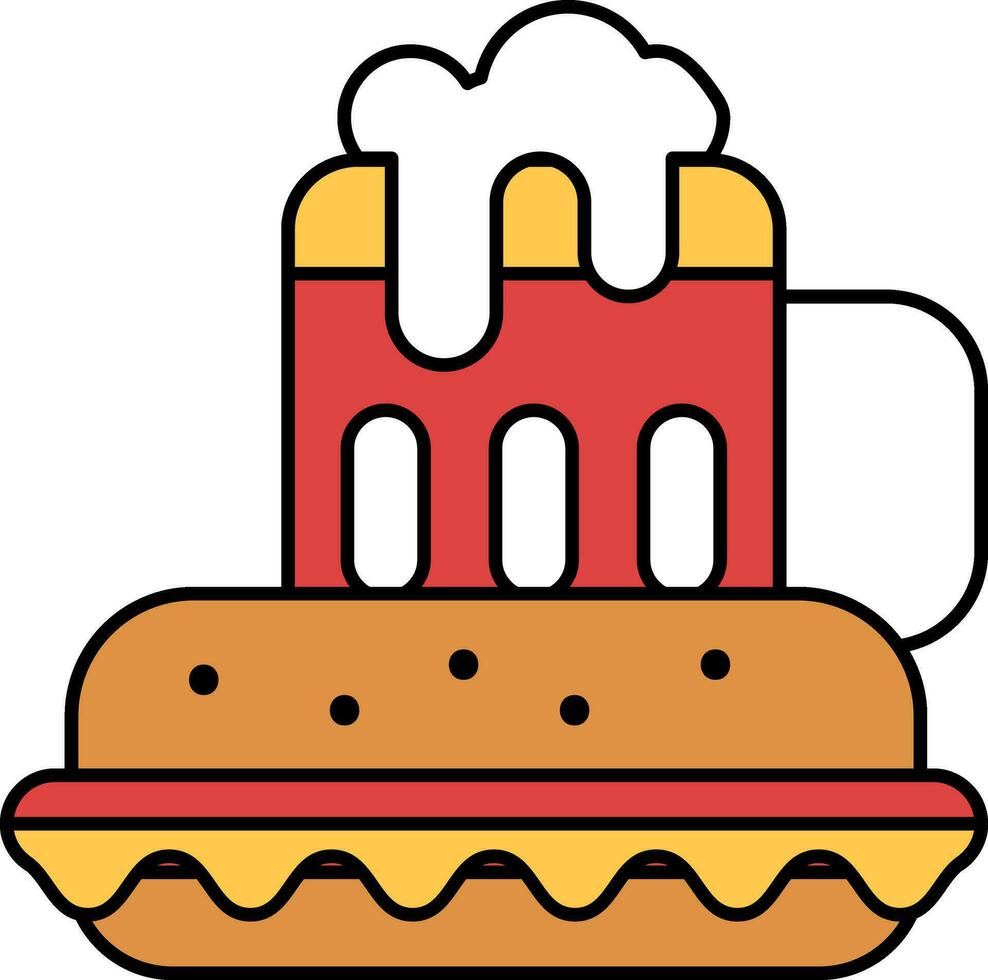 plano estilo cerveza jarra con hamburguesa vistoso icono. vector