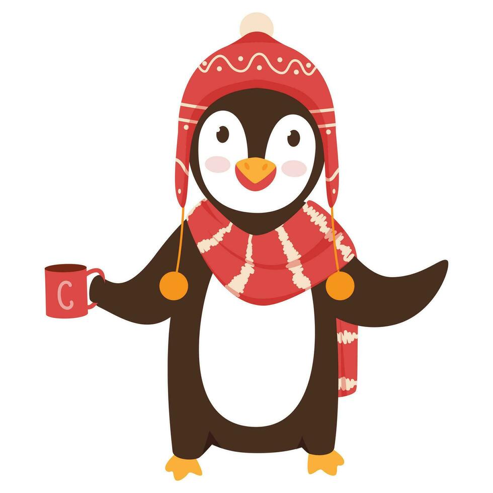 Cartoon Penguin Drinking with Wear Woolen Hat and Scarf. vector