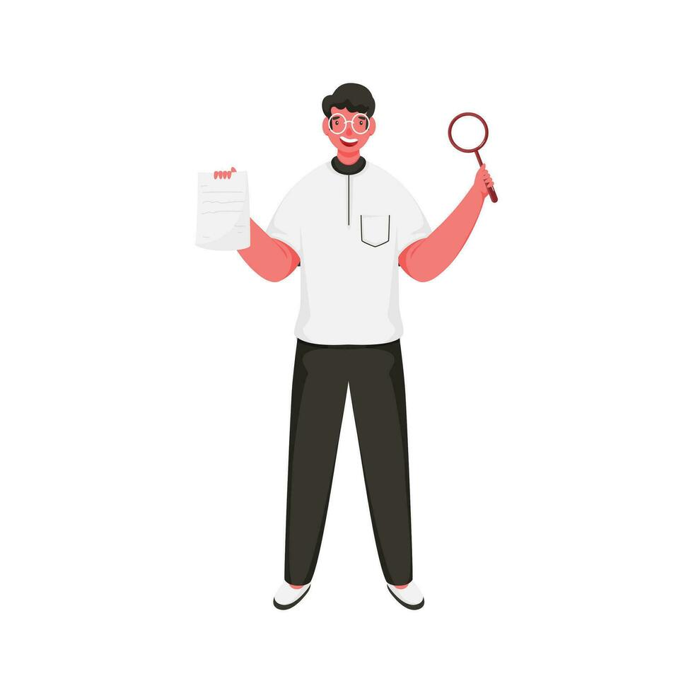 Cheerful Man Holding Magnifying Glass with Paper on White Background. vector