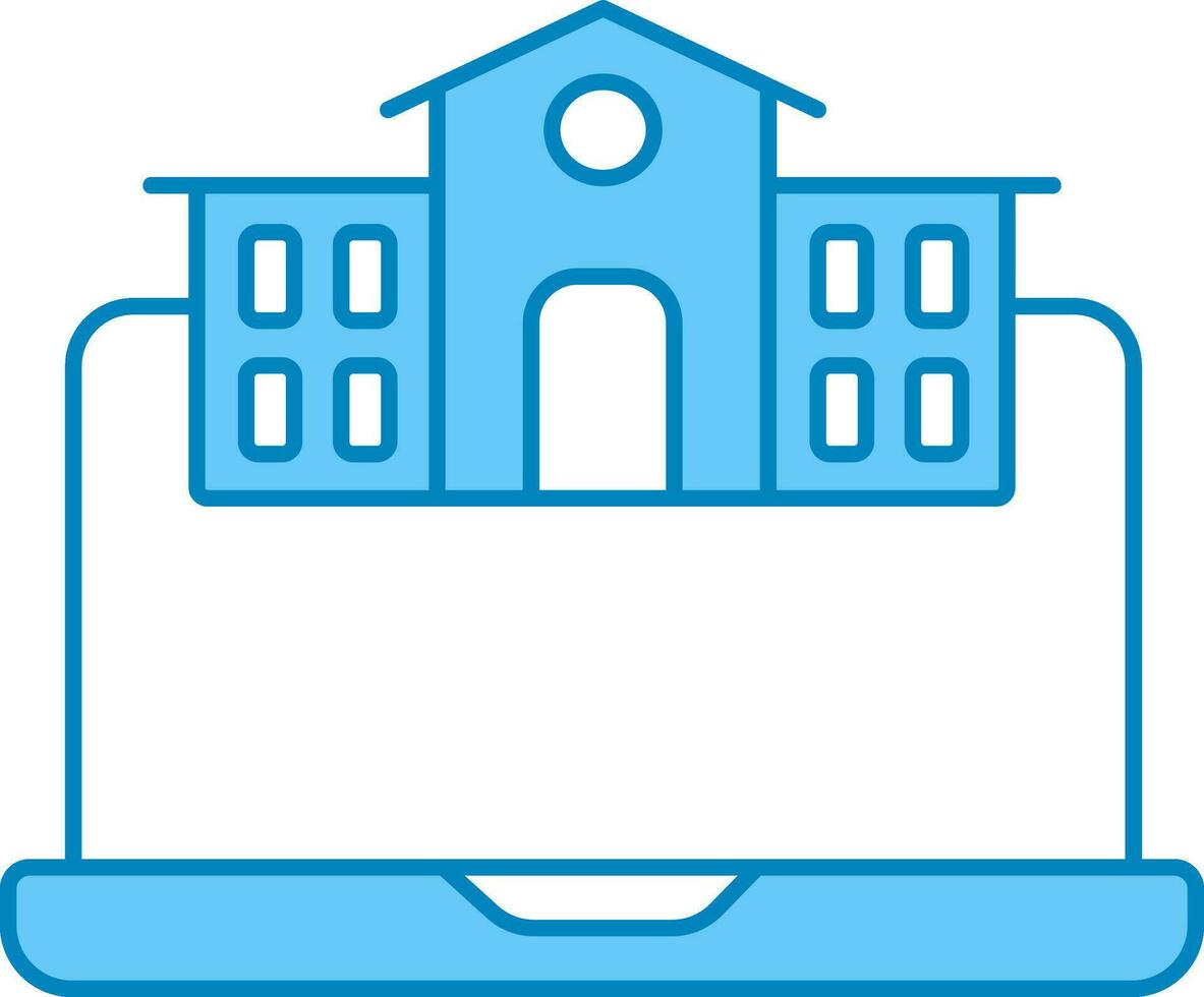 School Building With Laptop Icon In Blue And White Color. vector