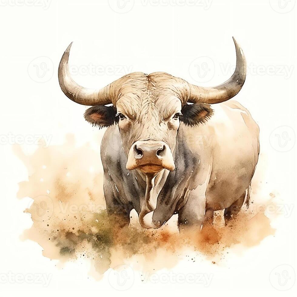 . HyperRealistic Watercolor Artwork of a Powerful Bull Capturing Strength, Determination, and Majestic Presence in a Rustic Farm Setting. photo