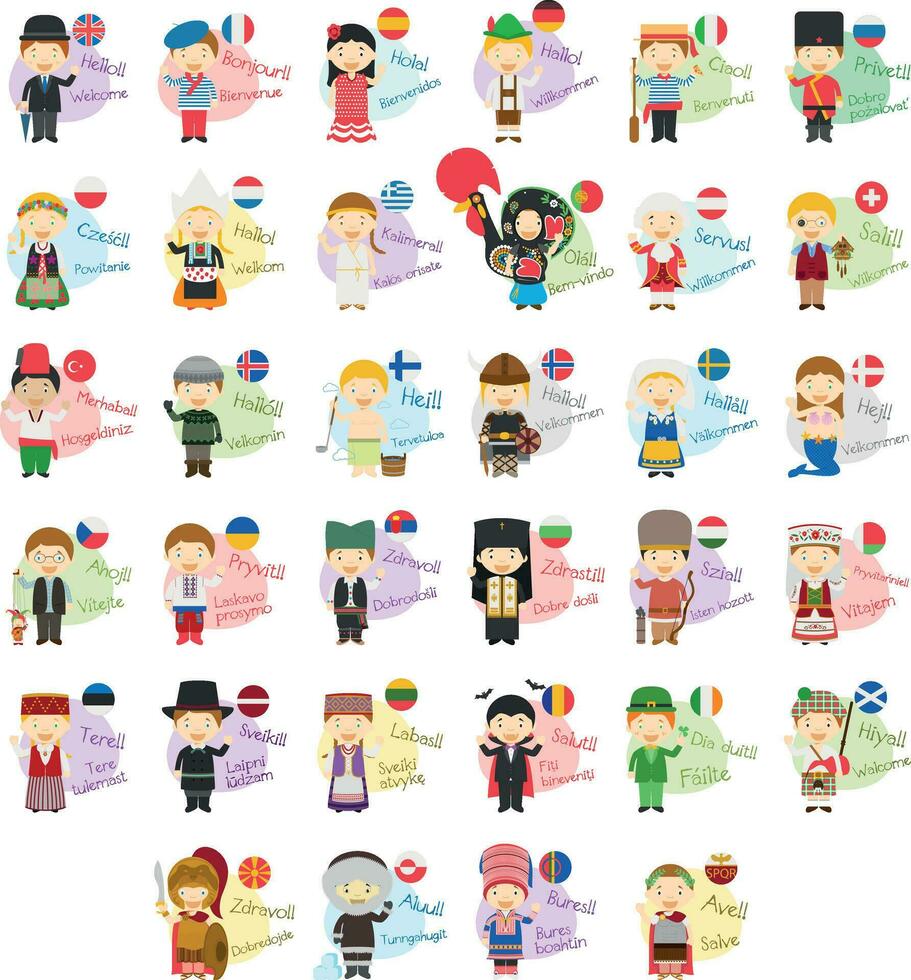 Vector illustration set of cartoon characters saying hello and welcom in 34 languages spoken in Europe