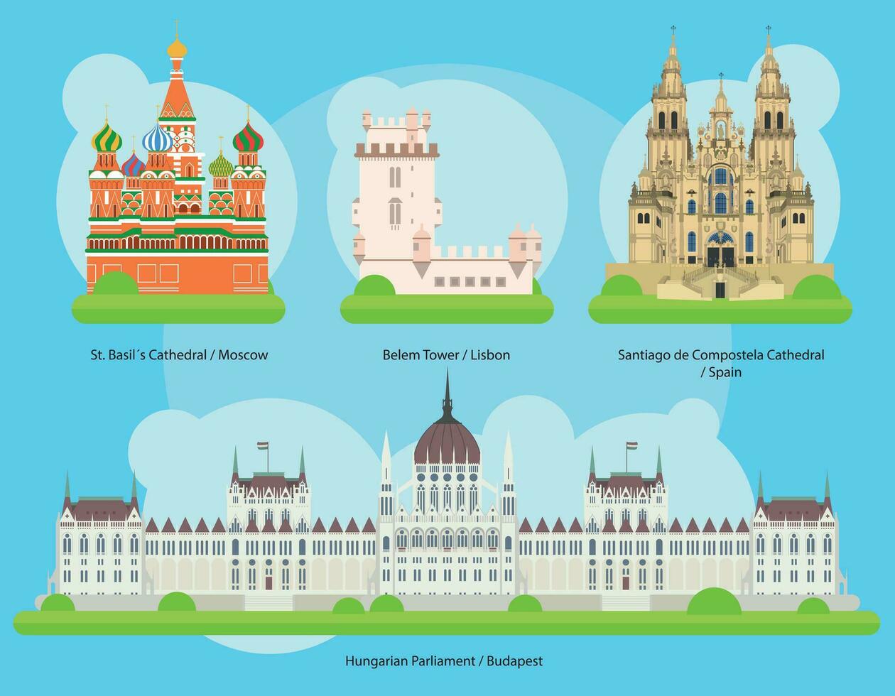 Vector illustration of Monuments and landmarks in Europe Set 2. St Basils Cathedral - Moscow, Belem Tower - Lisbon, Santiago de Compostela Cathedral - Spain, and Hungarian Parliament - Budapest.