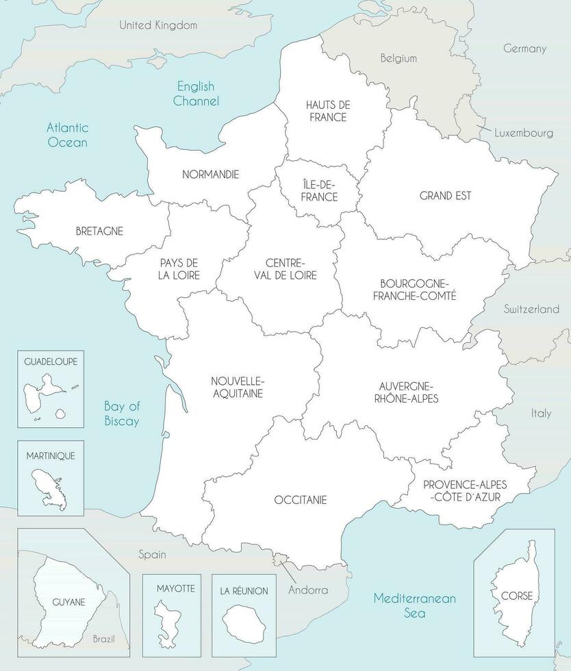 Vector map of France with regions and territories and administrative divisions, and neighbouring countries. Editable and clearly labeled layers.