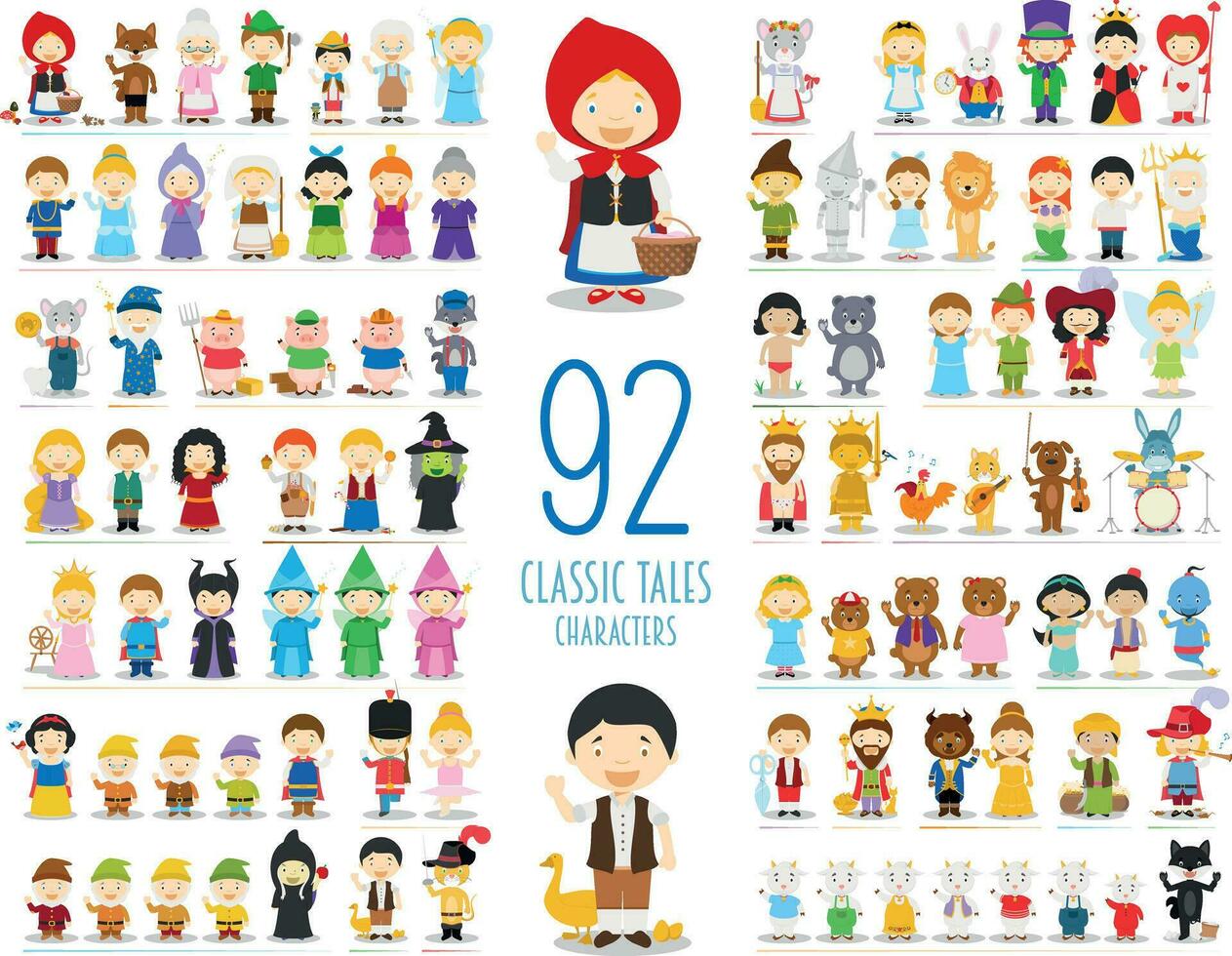 Kids Vector Characters Collection. Set of 92 Classic Tales Characters in cartoon style