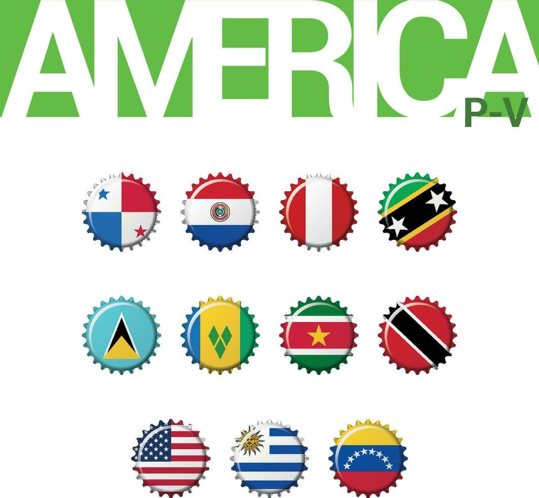 conjunto de 12 tapón de botella banderas de America. conjunto 3 de 3. vector ilustración. Panamá, paraguay, Perú, S t gatitos, S t lucía, S t Vicente, surinam, trinidad y tobago, unido estados, Uruguay, Venezuela.