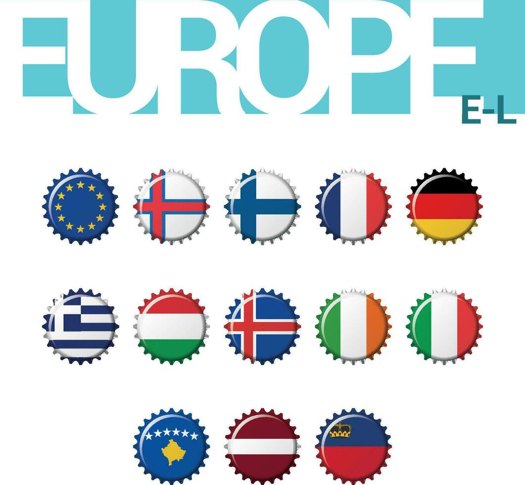 Set of 13 bottlecap flags of Europe. Set 2 of 4. Vector Illustration. European Union, Faroe Islands, Finland, France, Germany, Greece, Hungary, Iceland, Ireland, Italy, Kosovo, Latvia, Liechtenstein.