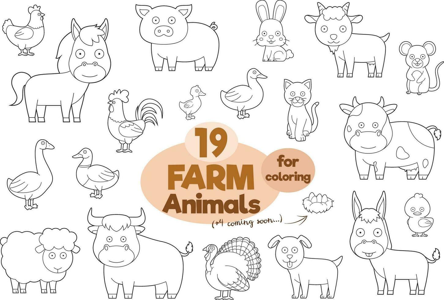 conjunto de 19 granja animales para colorante en dibujos animados estilo vector ilustración