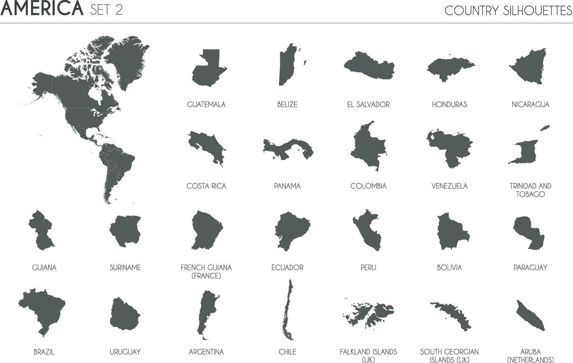 Set of 24 high detailed silhouette - Set Of 24 High Detailed Silhouette Maps Of American Countries And Territories And Map Of America Illustration Vector