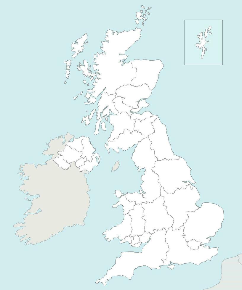 Vector blank map of UK with administrative divisions, and neighbouring countries. Editable and clearly labeled layers.