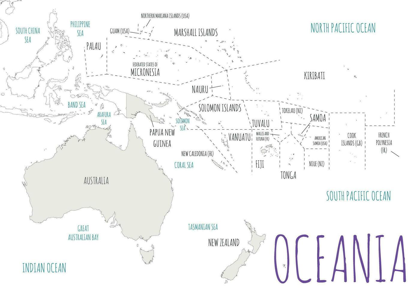 Political Oceania Map vector illustration isolated in white background. Editable and clearly labeled layers.