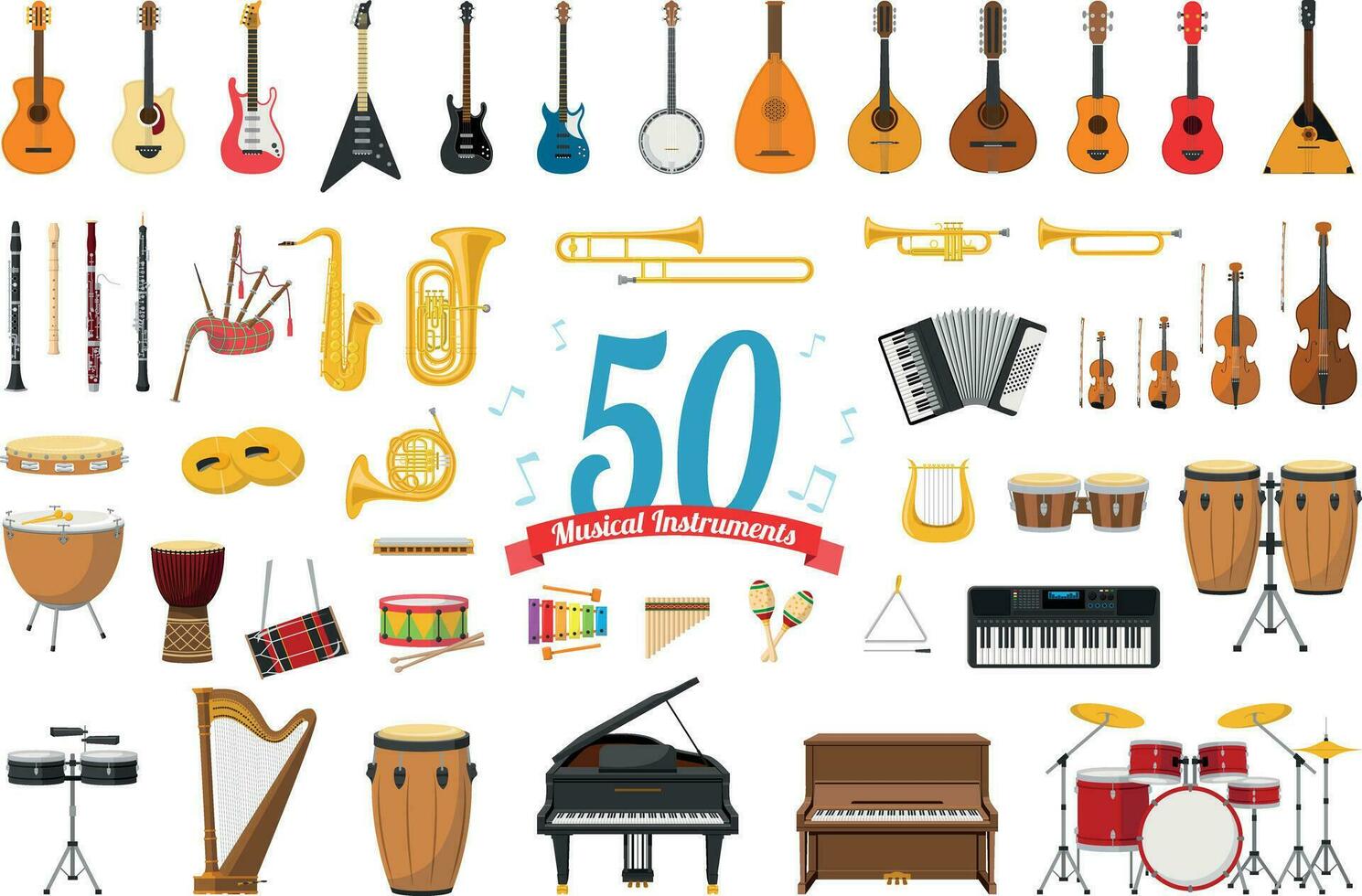 Vector illustration set of 50 musical instruments in cartoon style isolated on white background