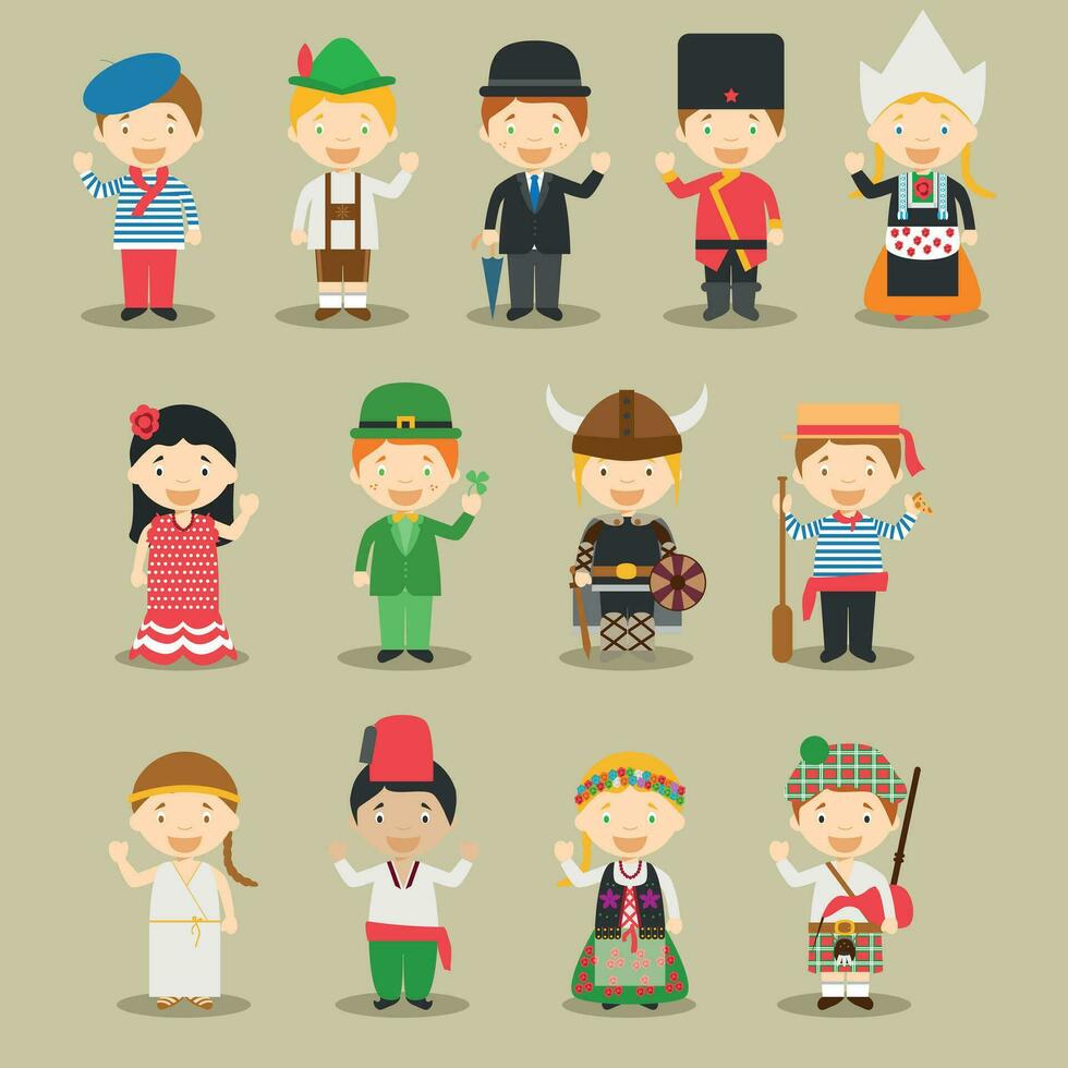 Kids and nationalities of the world vector illustration. Europe Set 1. Set of 13 characters dressed in different national costumes.