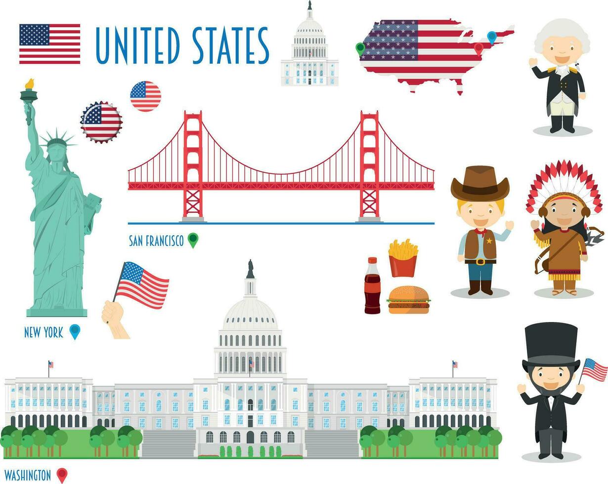 Estados Unidos plano icono conjunto viaje y turismo concepto. vector ilustración
