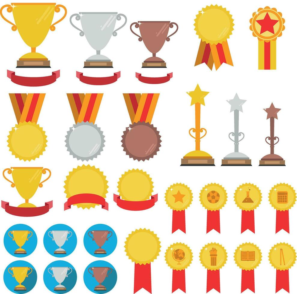 Set of trophies, medals, icons and ribbons for winners in competitions vector