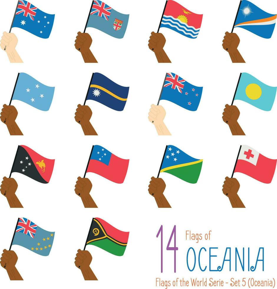 Set of 14 flags of Oceania. Hand raising the national flags of 14 countries of Oceania. Icon set Vector Illustration.