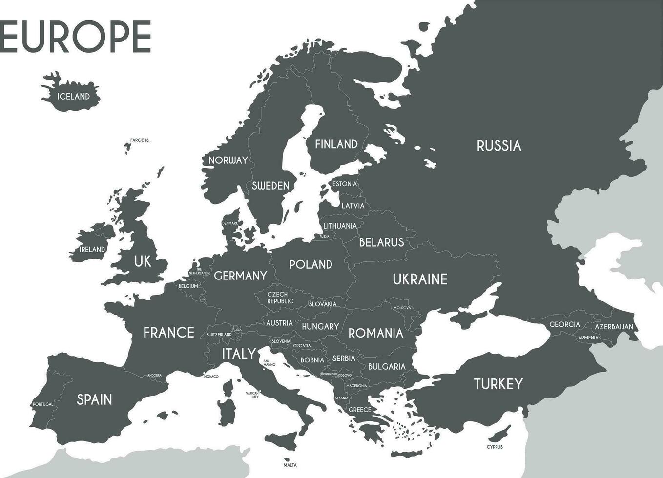 Political map of Europe in gray color with white background and the names of the countries in English. Vector illustration