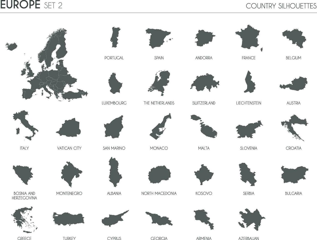 Set of 30 high detailed silhouette maps of European Countries and territories, and map of Europe vector illustration.