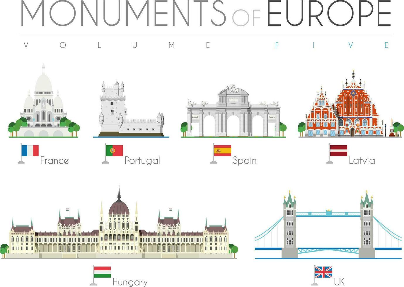 Monuments of Europe in cartoon style Vol 5. Sacre Coeur, Belem Tower -Portugal, Alcala Gate -Spain, Blackheads House -Latvia, Hungarian Parliament -Hungary, and Tower Bridge -UK. Vector illustration