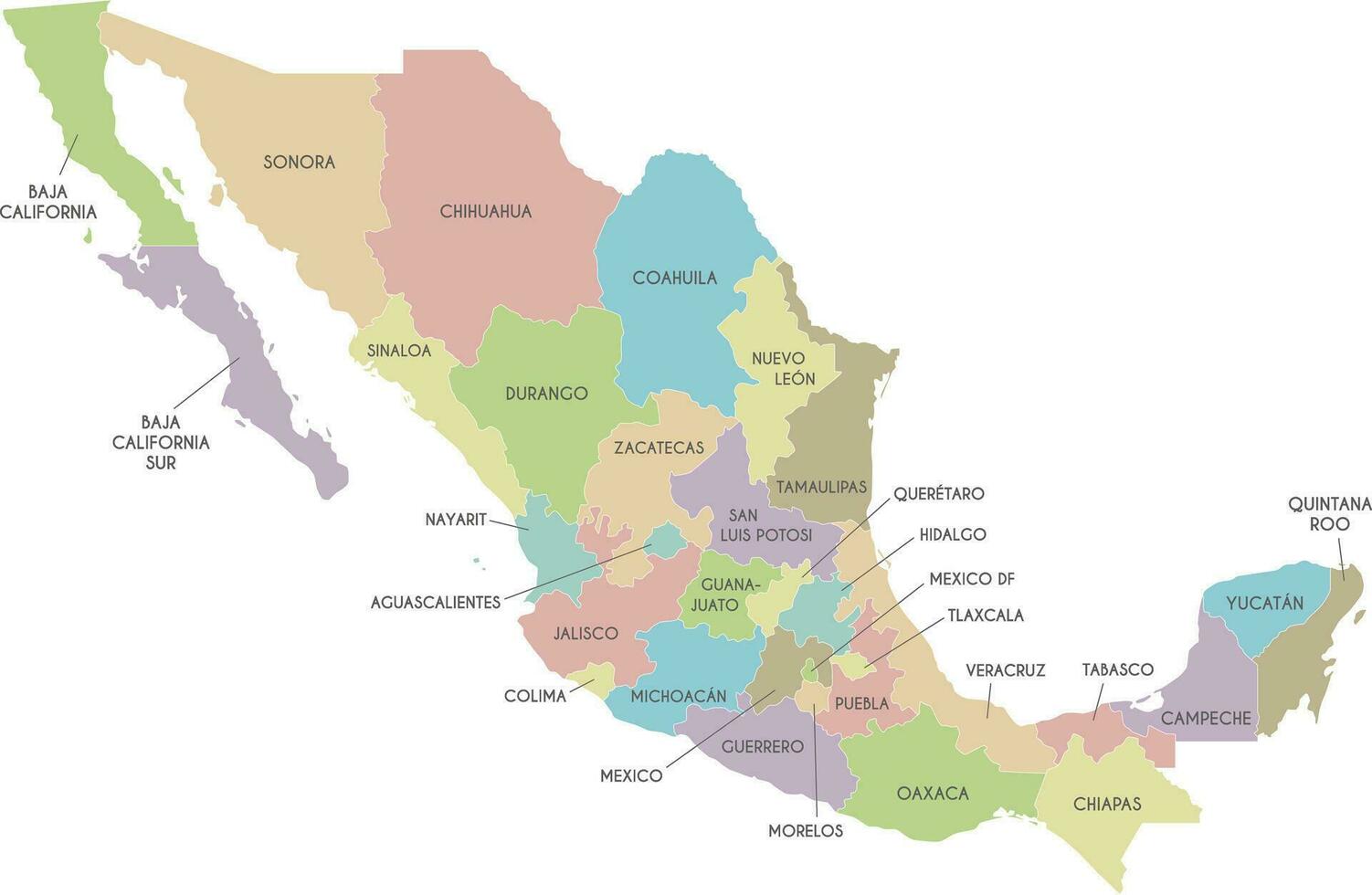 Vector map of Mexico with regions or or states and administrative divisions. Editable and clearly labeled layers.