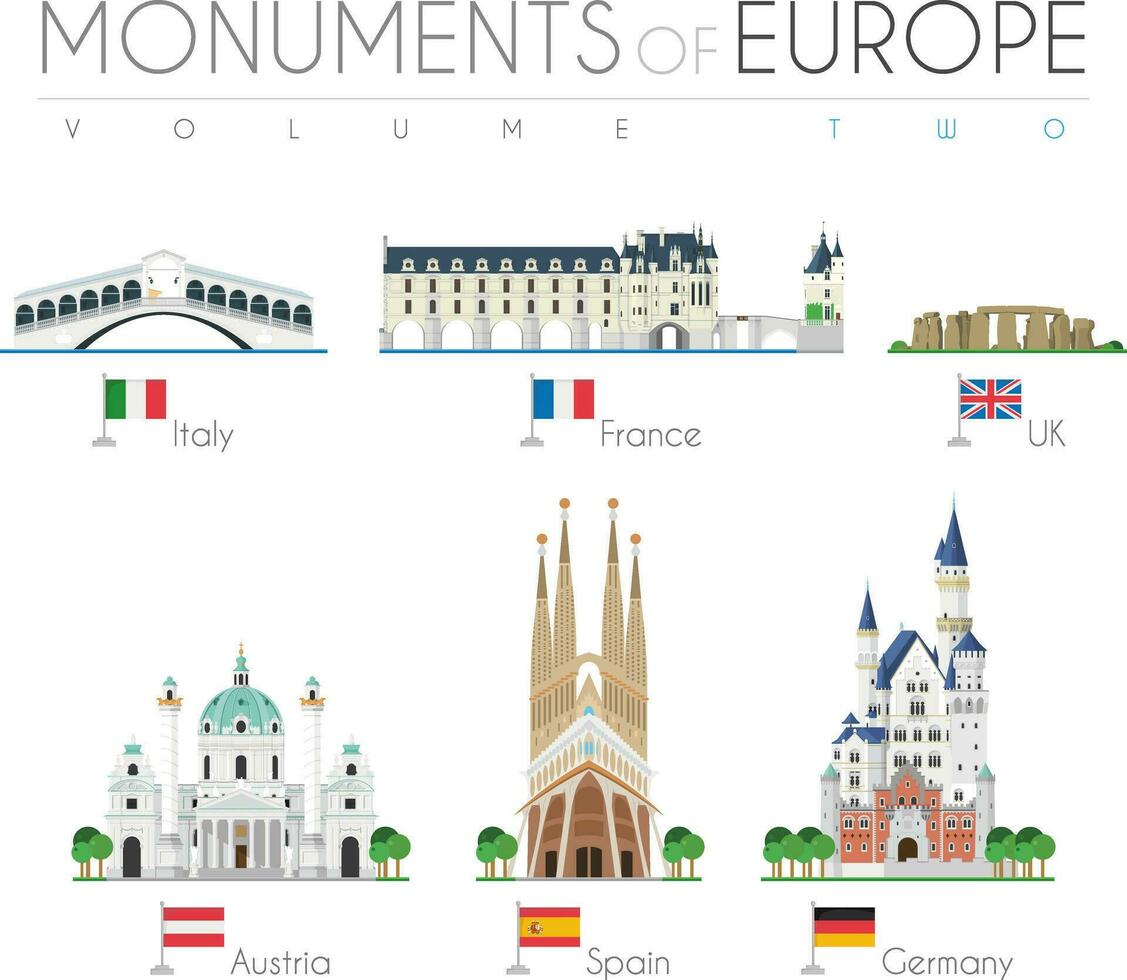 Monuments of Europe in cartoon style Vol 2. Rialto Bridge, Chenonceau Castle, Stonehenge, Karlskirche, Sagrada Familia, and Neuschwanstein Castle. Vector illustration