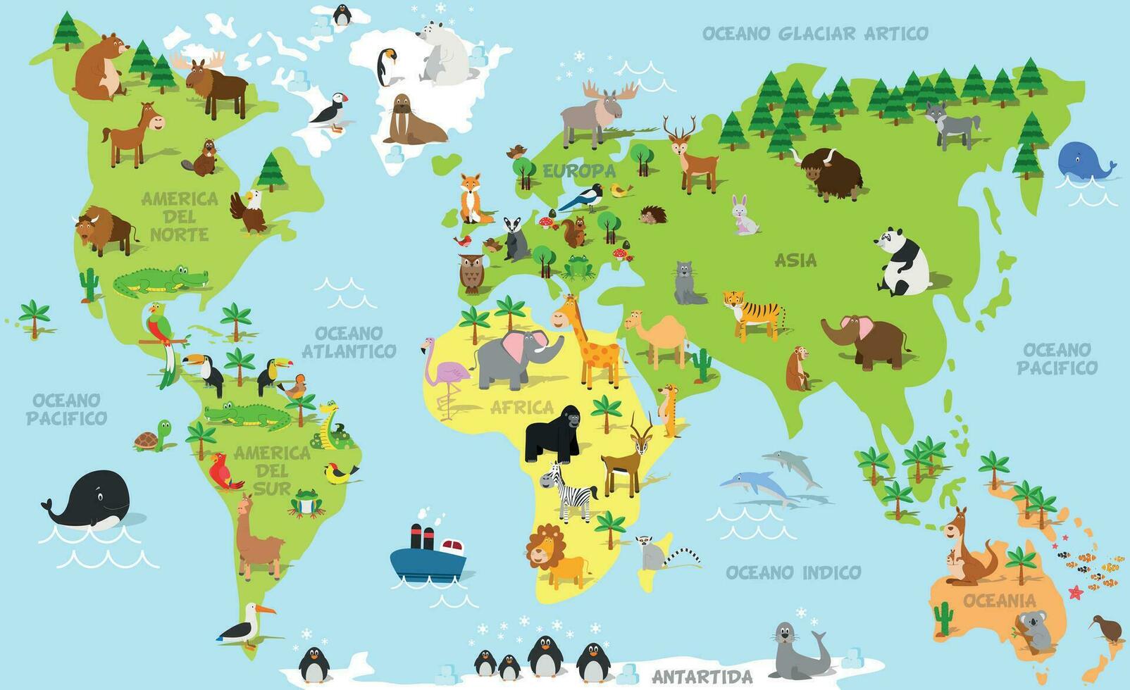 Funny cartoon world map in spanish with traditional animals of all the continents and oceans. Vector illustration for preschool education and kids design