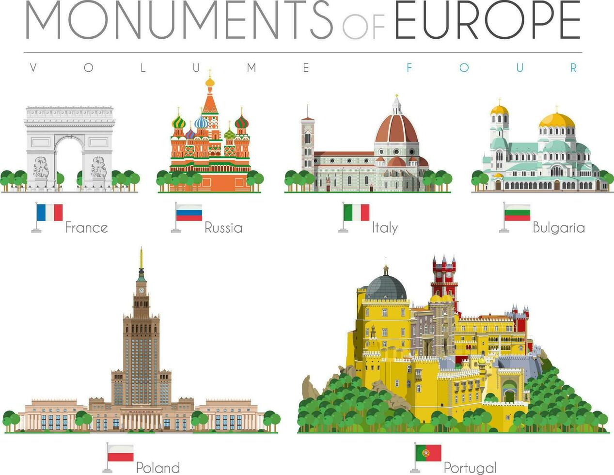 Monuments of Europe in cartoon style Vol 4. Arch of Triumph, St Basil Cathedral, Sta Maria dei Fiore, Alexander Nevsky Cathedral, Palace of Culture, and Palace of Sintra. Vector illustration