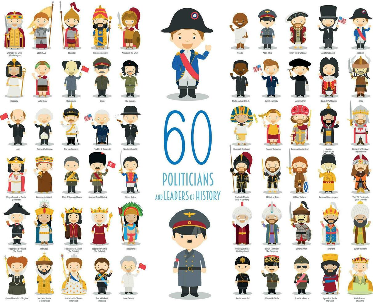 Kids Vector Characters Collection. Set of 60 relevant Politicians and Leaders of History in cartoon style.