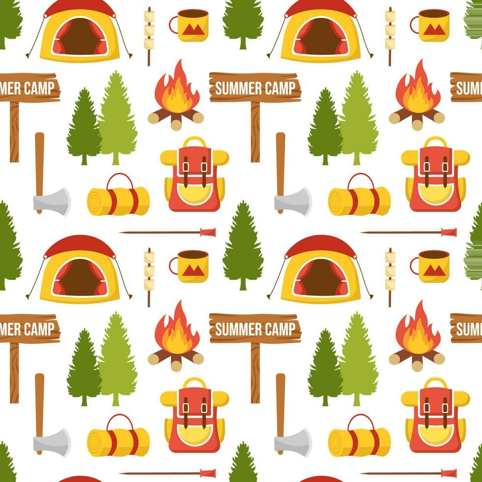 Summer Camp Seamless Pattern Design of Camping and Traveling Element in Template Hand Drawn Cartoon Flat Illustration vector