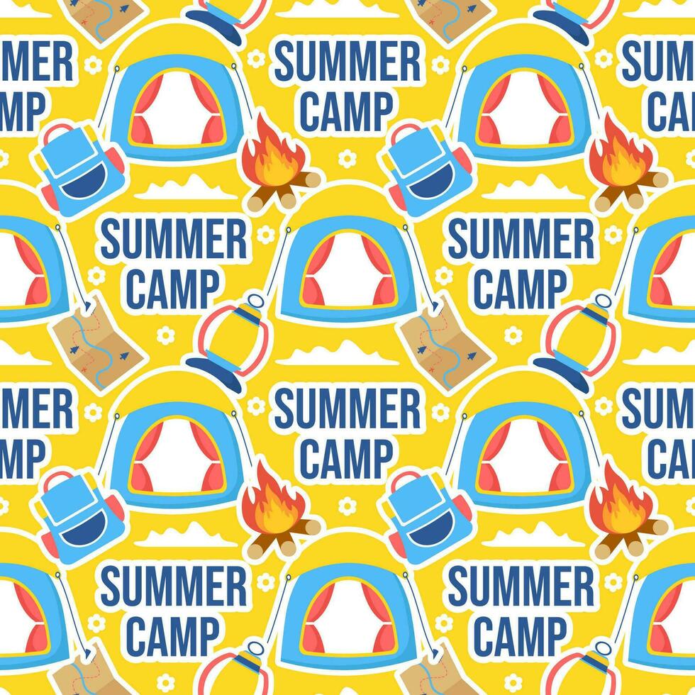 Summer Camp Seamless Pattern Design of Camping and Traveling Element in Template Hand Drawn Cartoon Flat Illustration vector