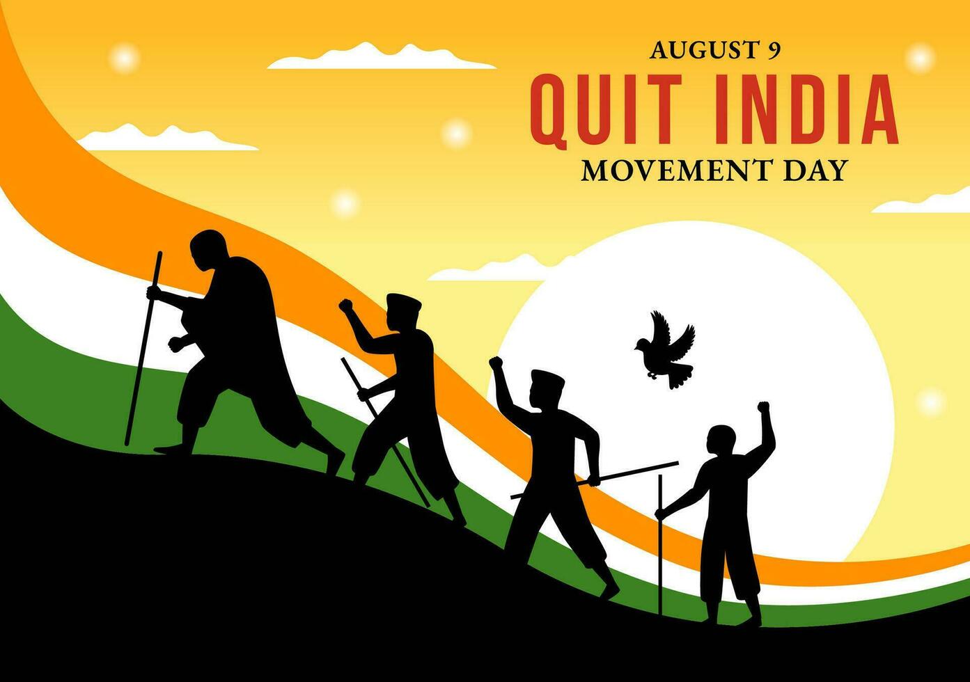 Quit India Movement Day Vector Illustration on 9 August with Indian Flag and People Silhouette in Flat Cartoon Hand Drawn Background Templates