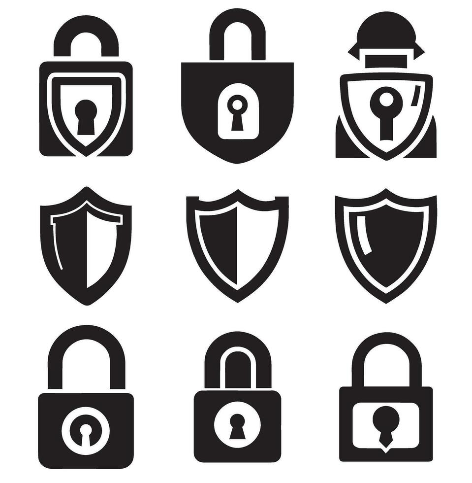 Set of security shield icons, security shields logotypes with check mark and padlock. Security shield symbols. Vector illustration