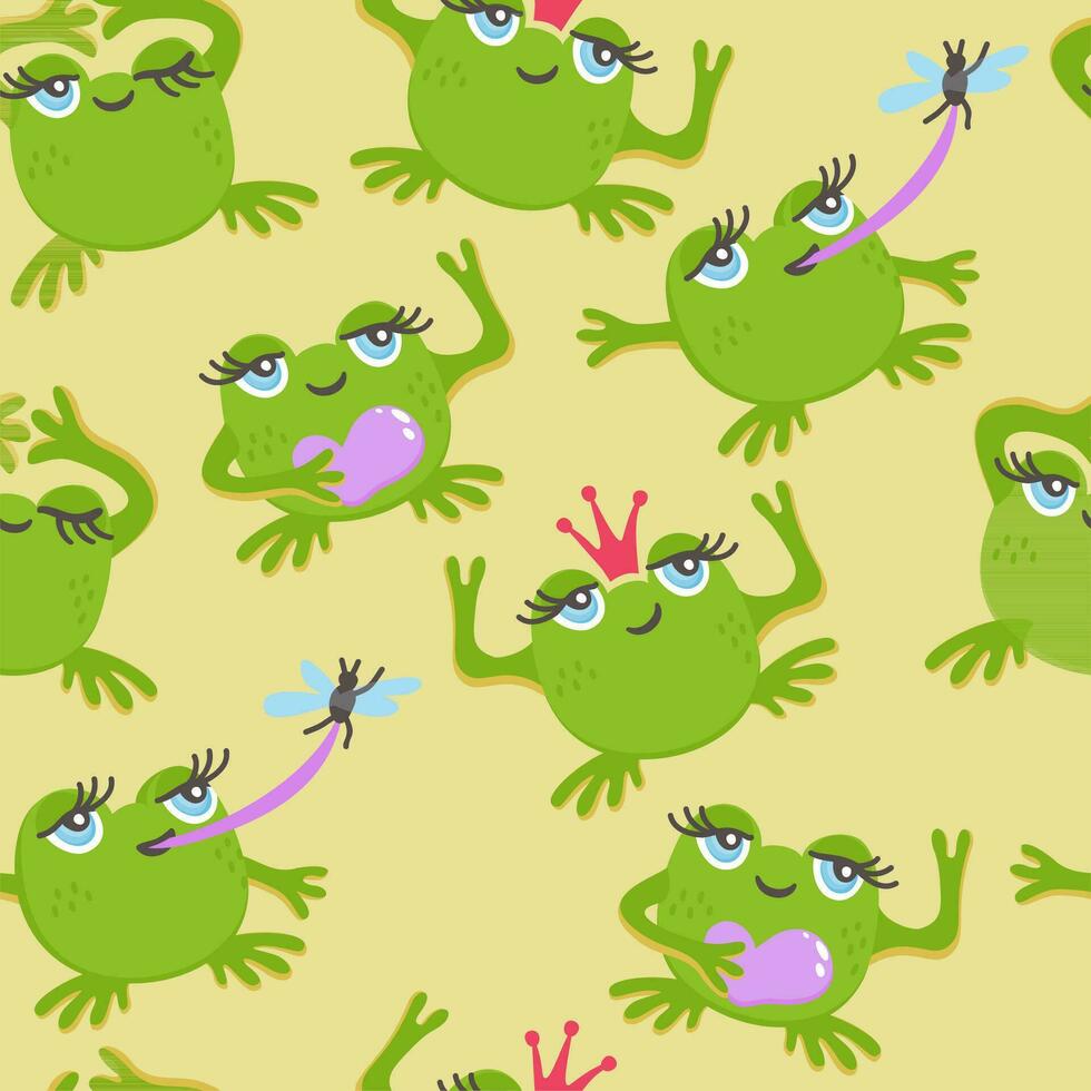 Vector seamless pattern with cute frogs on light beige background.