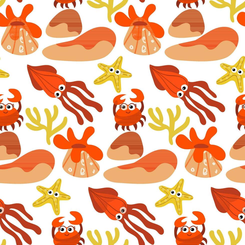 Vector seamless pattern Underwater. Repeat the background with crabs, starfish, squid, corals, rocks, orange plants. Funny illustration of aquatic animals and weeds with cute emotions. Gift packaging