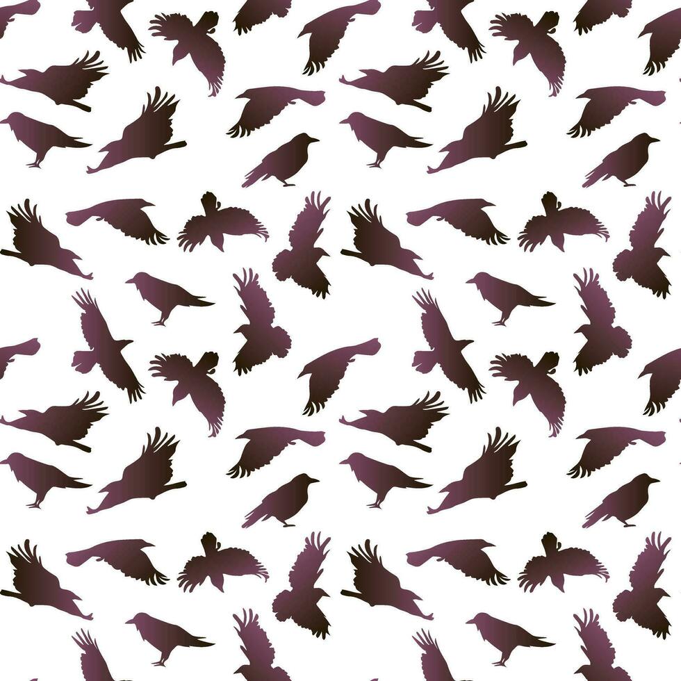 Vector seamless pattern with flying gradient crows on a white background. Mystical background with birds in the Halloween theme. Purple birds, for printing on textiles and paper