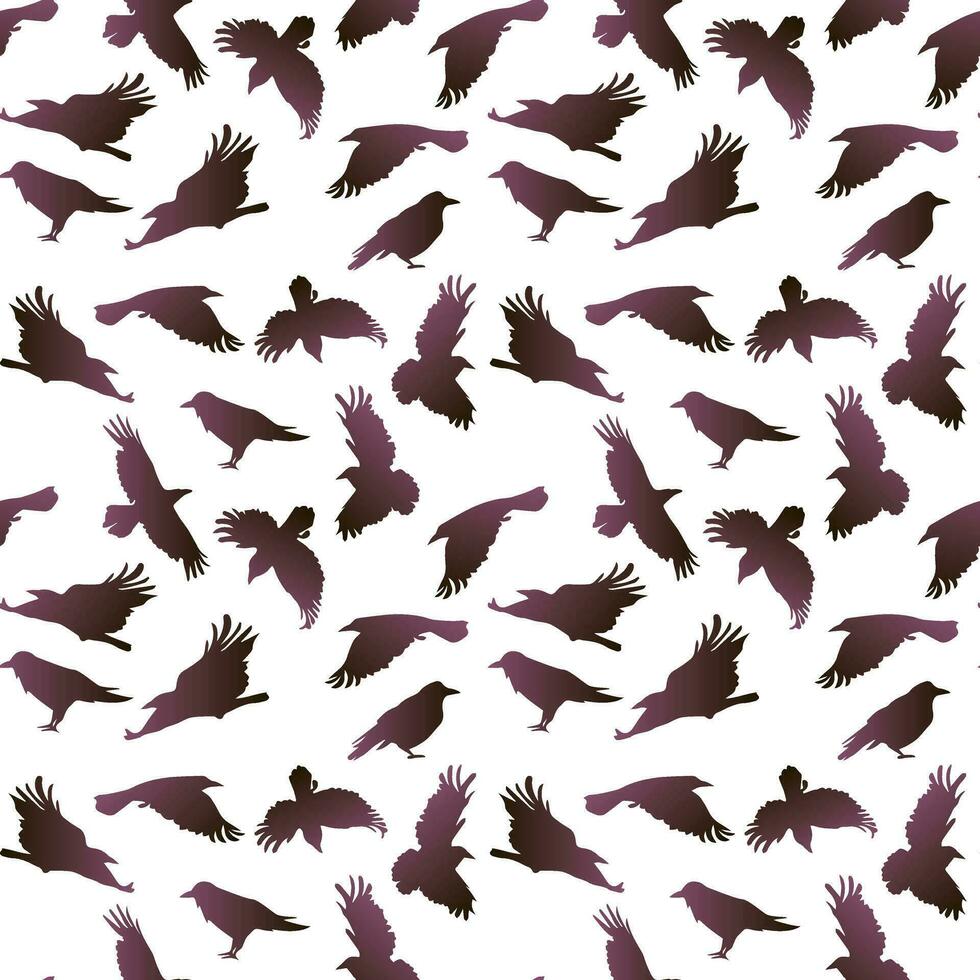 Vector seamless pattern with flying gradient crows on a white background. Mystical background with birds in the Halloween theme. Purple birds, for printing on textiles and paper