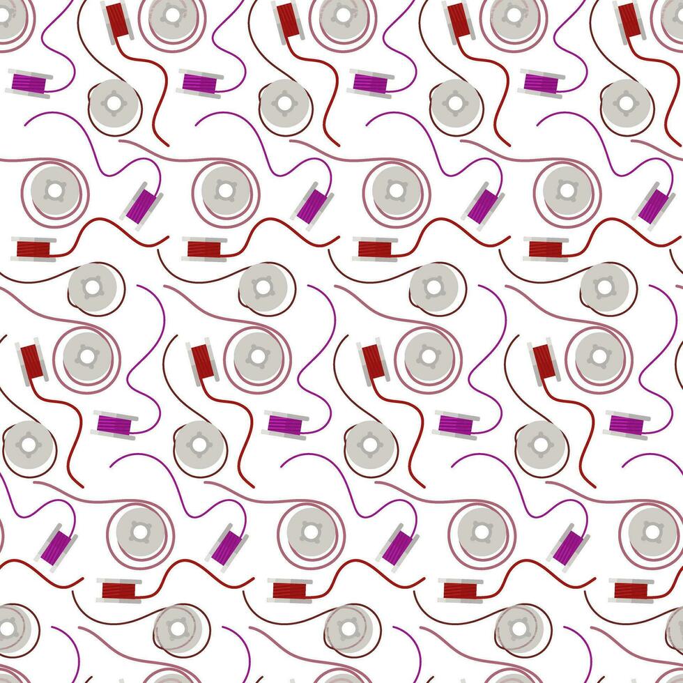 Seamless pattern using sewing thread. Coils, bobbins with threads in retro style on a white background. Colored threads are scattered on the surface. Suitable for background in sewing departments vector