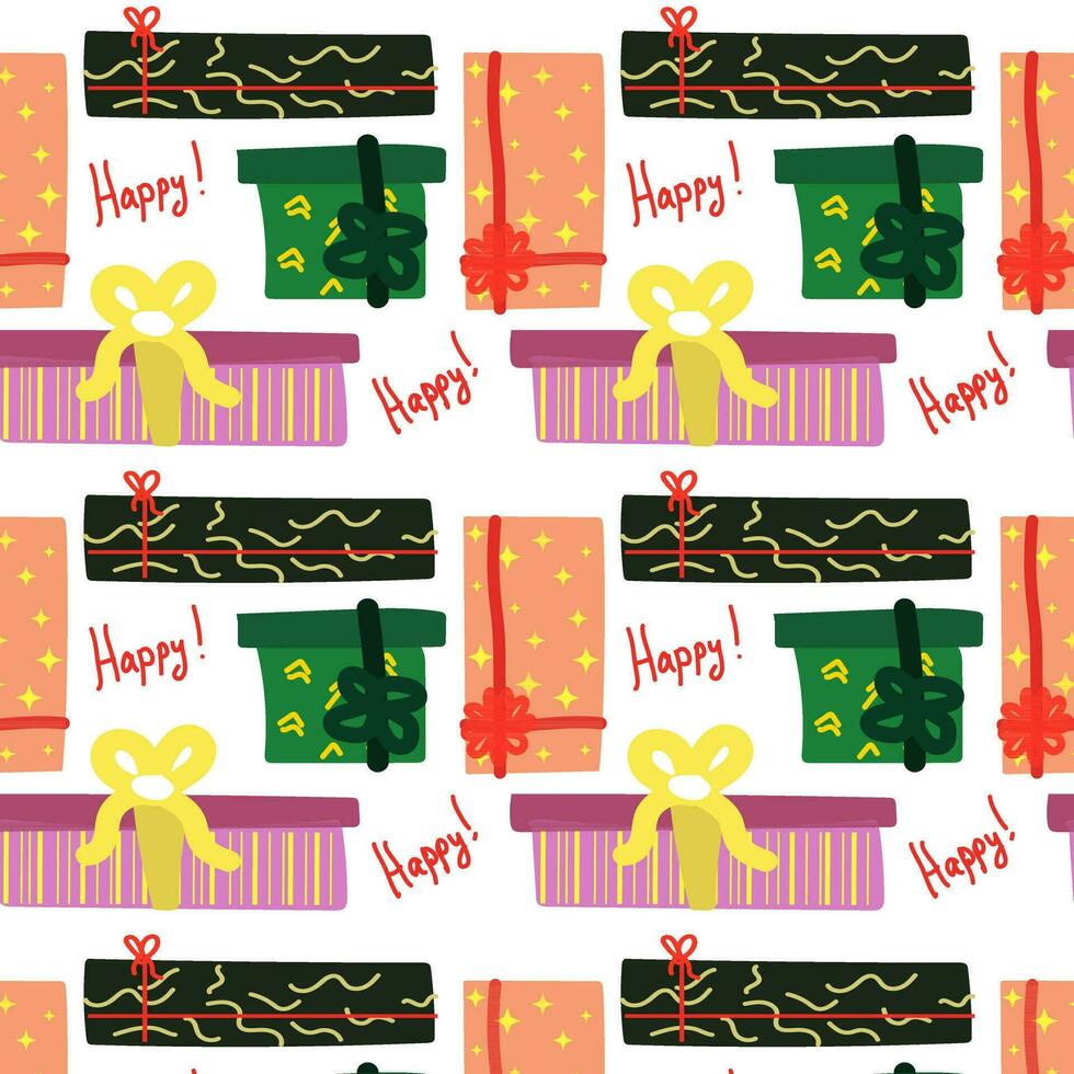 A pattern with gift boxes with the text of happy. Seamless background of hand-drawn highlighted on a white. Multicolored textiles in wrapping paper. The concept of shopping for Birthday, Christmas vector