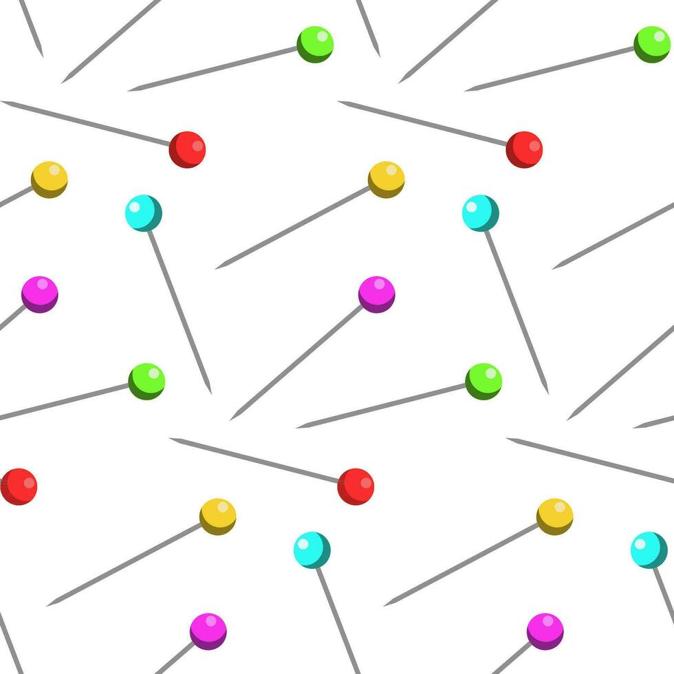 A pattern of needlework elements in the form of needles with colored beads on a white background. Fitting with decorative pins, needles, beads, beads of bright colors. Printing on textiles and paper vector